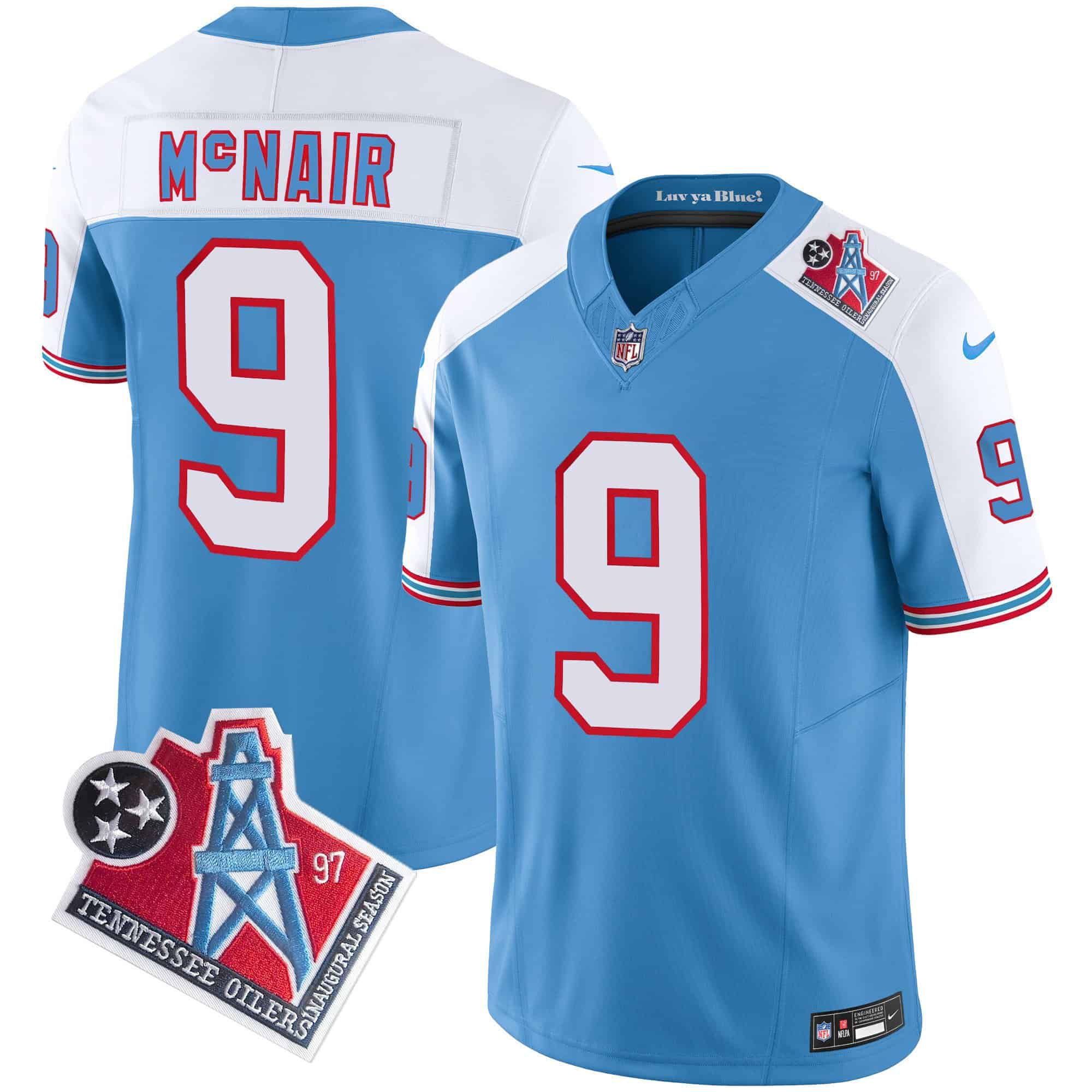 Men Tennessee Titans #9 Mcnair Light Blue 1997 Throwback 2024 Nike Limited Vapor NFL Jersey style 1